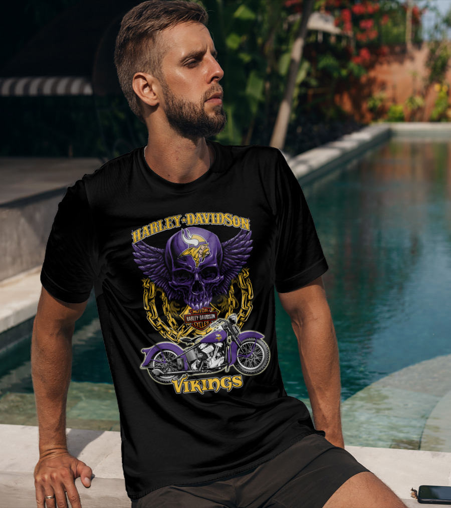 Harley Davidson Minnesota Vikings Nfl Motorcycle Cycles Skull T-Shirt