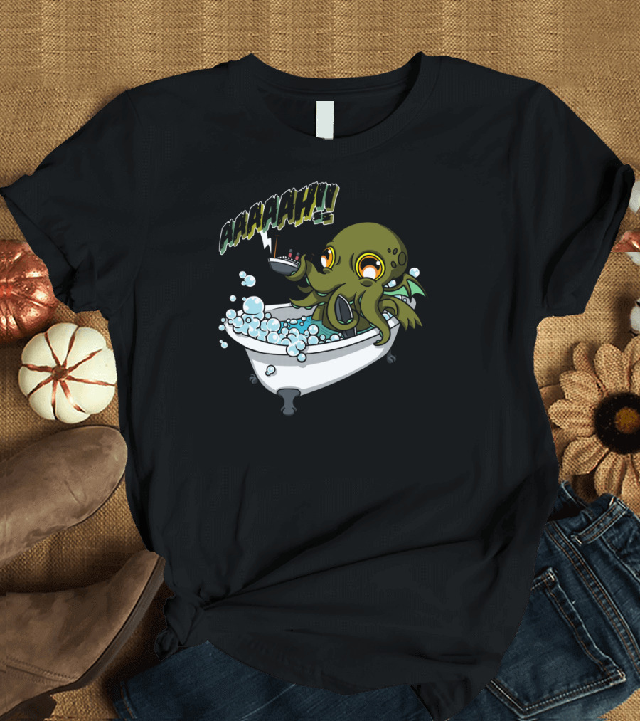 Bathulhu Cthulhu Bathtub Monster with Rubber Duck and 'AAAARRHH' Scream T-Shirt