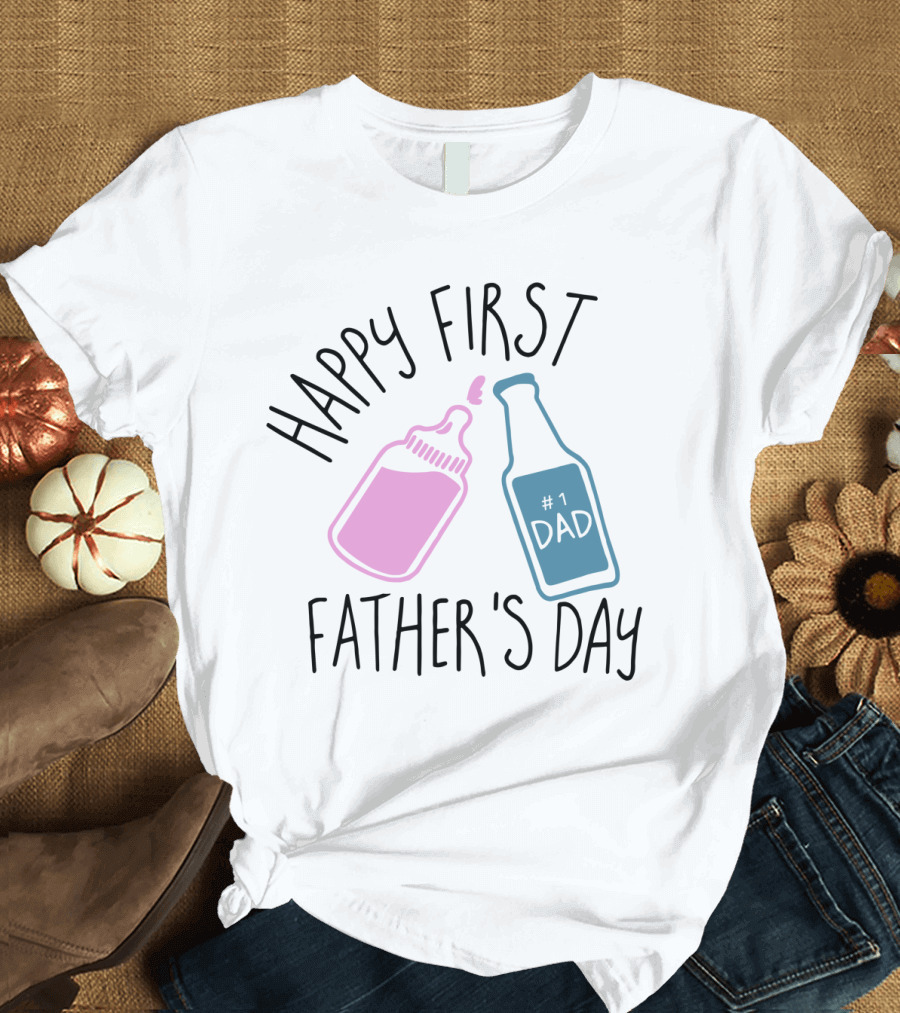 Happy First Father's Day Dad #1 Dad Baby Bottle and Beer Bottle T-Shirt