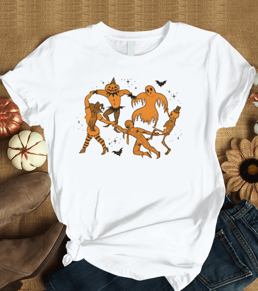 Ghostly Pumpkin Skeleton Mummy Halloween Dance with Bats T-Shirt