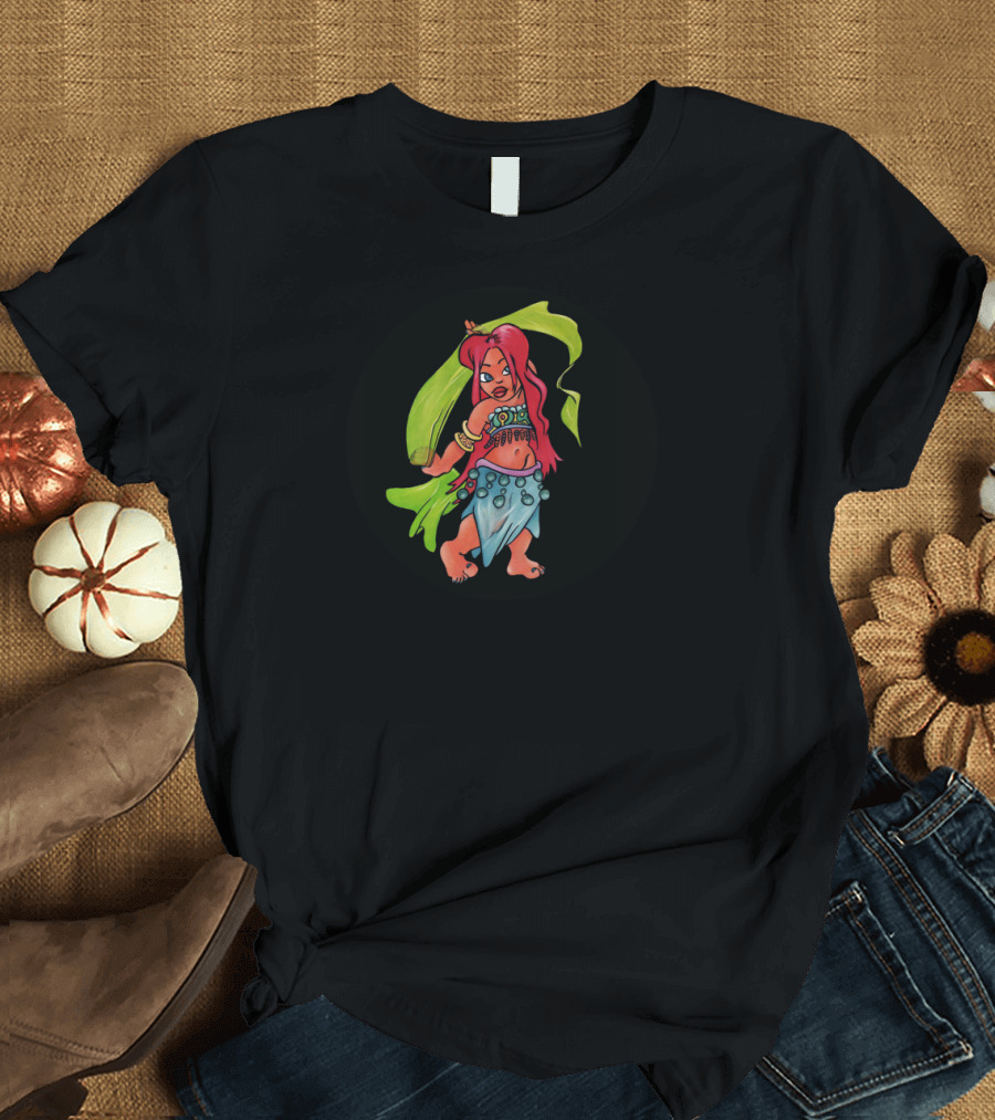 Belly Dancer Cartoon Illustration with Flowing Red Hair and Green Veil T-Shirt