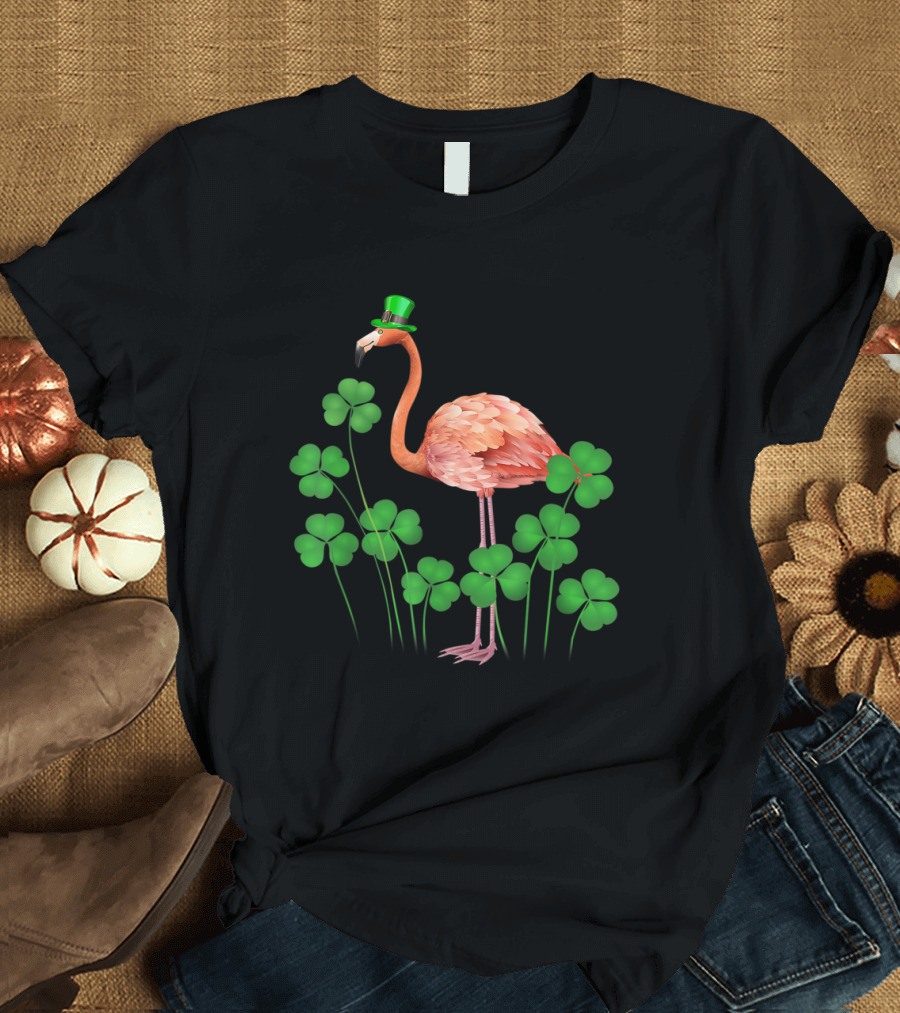 Flamingo Wearing Green Hat Among Shamrocks T-Shirt