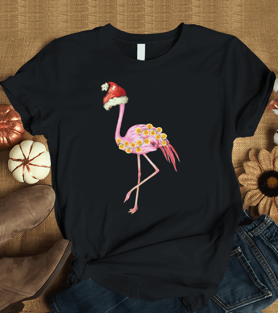 Santa Hat Flamingo with Festive Holiday Lights T-Shirt