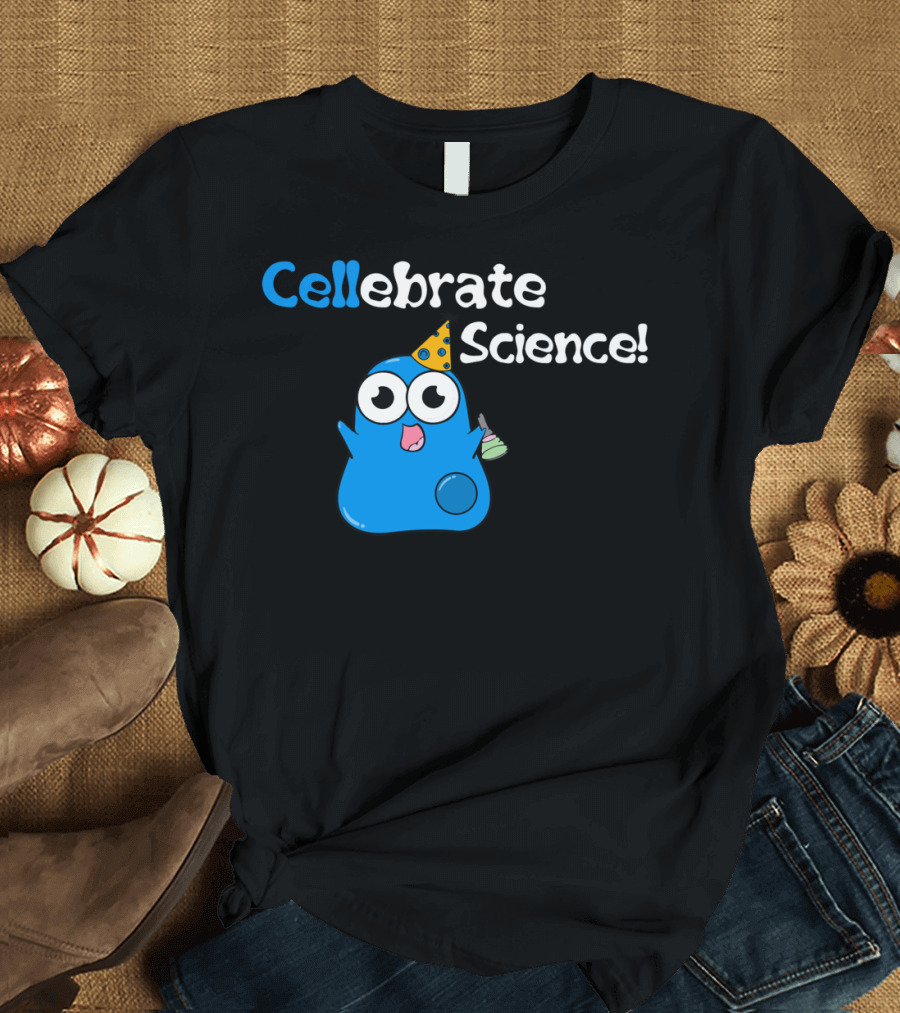 Cellebrate Science Cute Blue Blob Wearing Party Hat Holding Flask T-Shirt