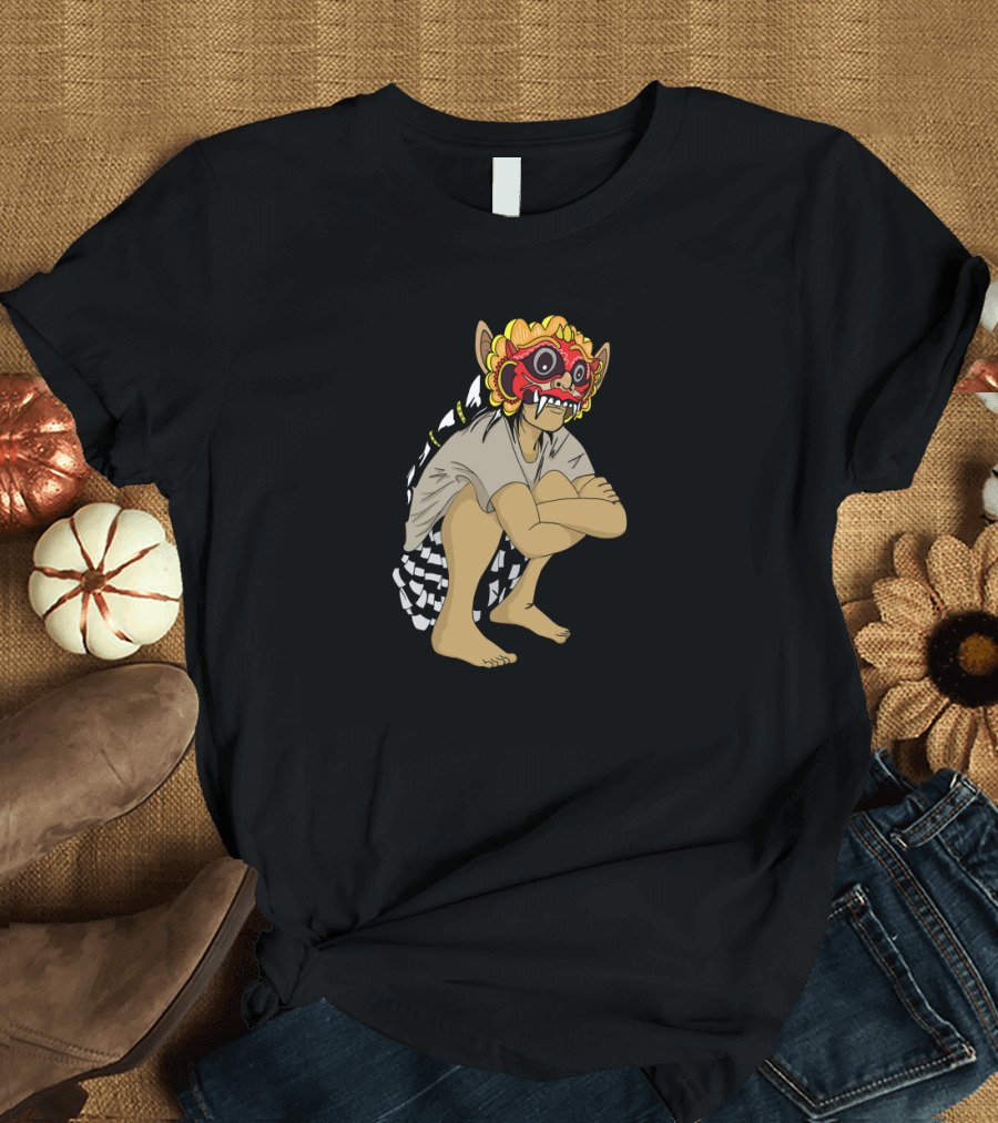 Barong Boy Squatting with Red Mask and Checkered Cloth T-Shirt