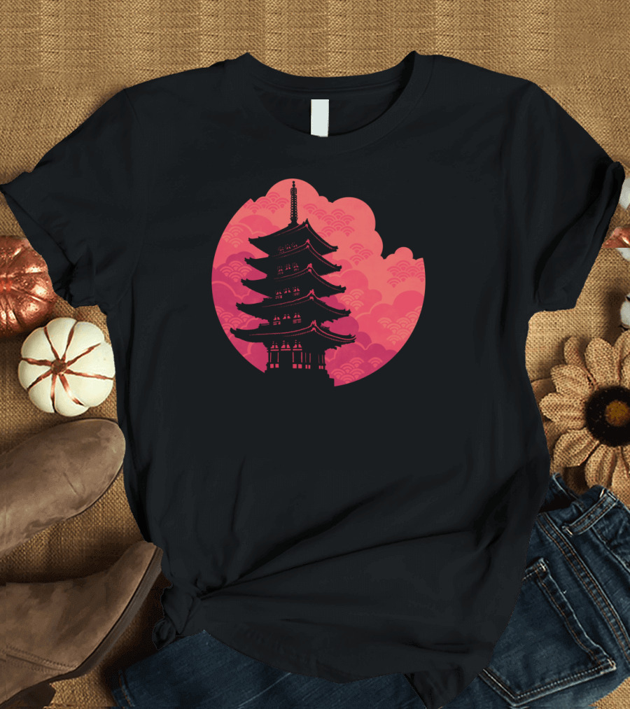 Pagoda Sunset Vibrant Red Clouds T-Shirt