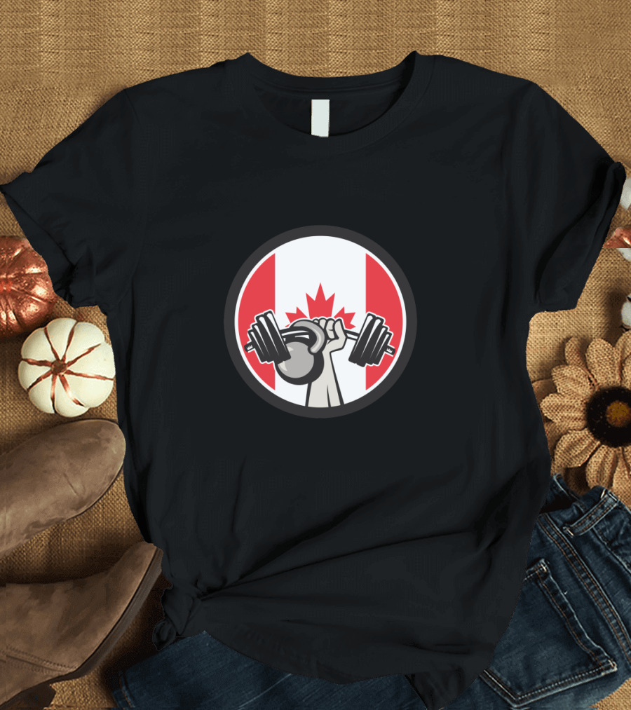Canada Flag Hand Lifting Barbell and Kettlebell T-Shirt