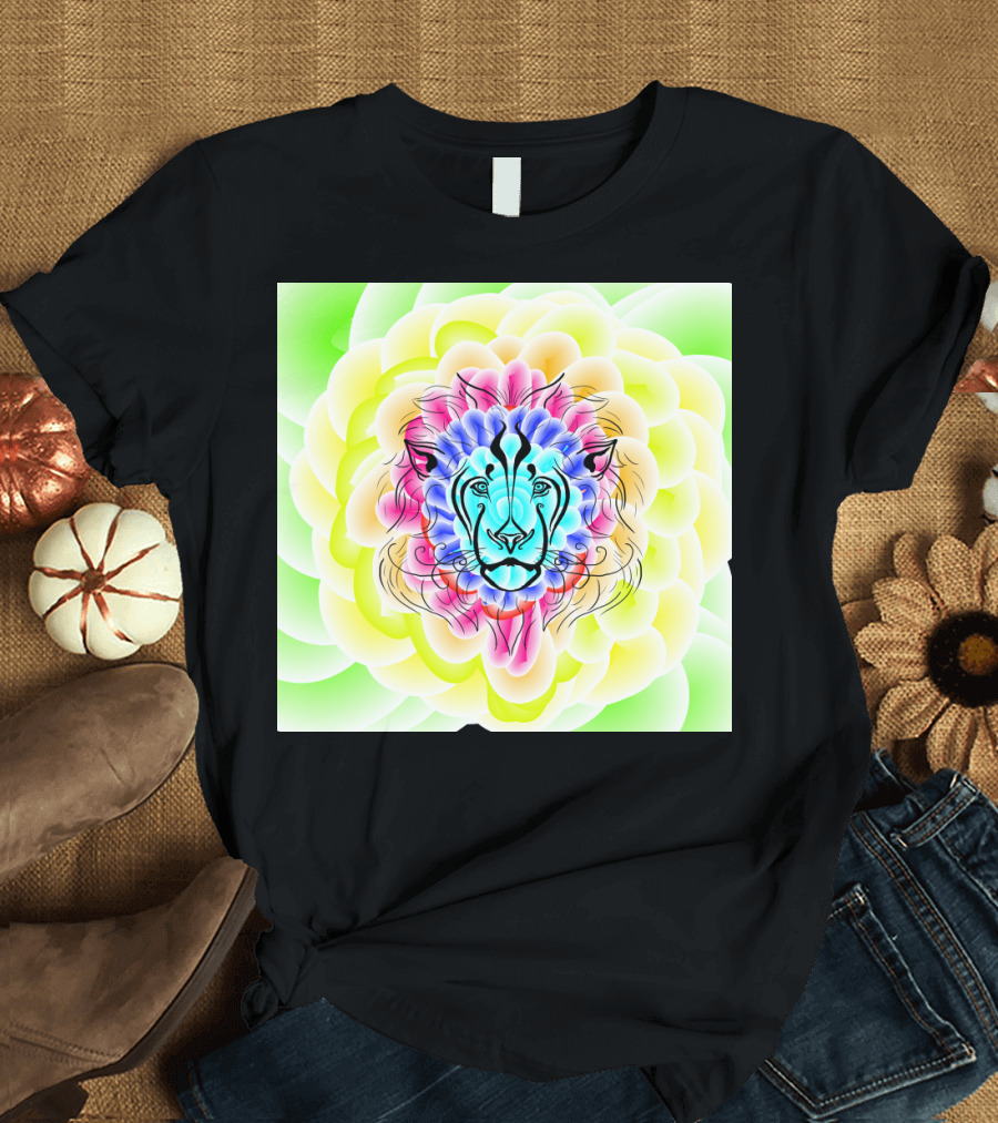 Lion Face in Vibrant Petals Floral Fusion T-Shirt