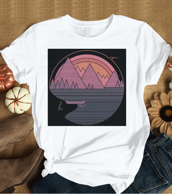 T-Shirt: Geometric Mountain Sunset with Canoe and Campfire Scene T-Shirt Geometric Mountain Sunset with Canoe and Campfire Scene T-Shirt