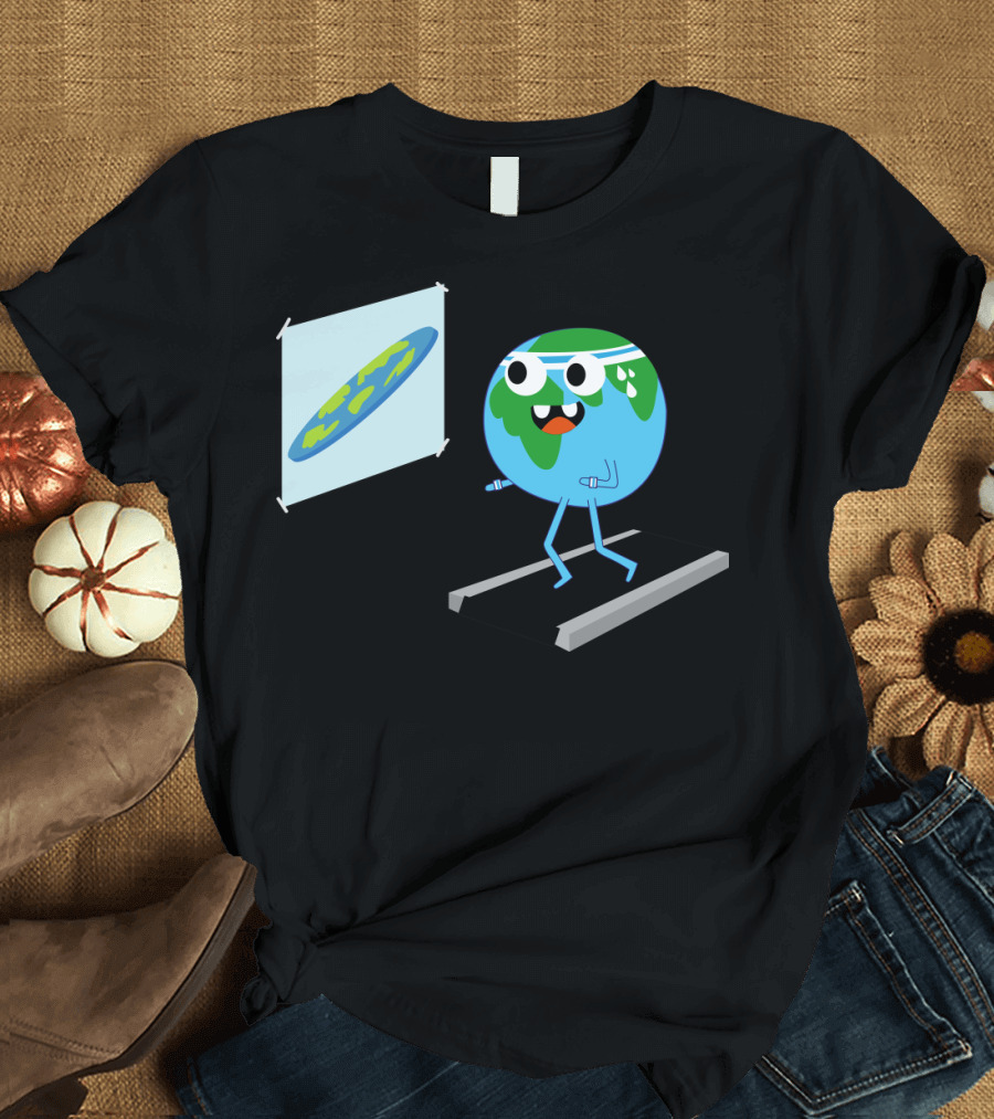 Cartoon Earth Exercising with Flat Earth Projection Concept T-Shirt