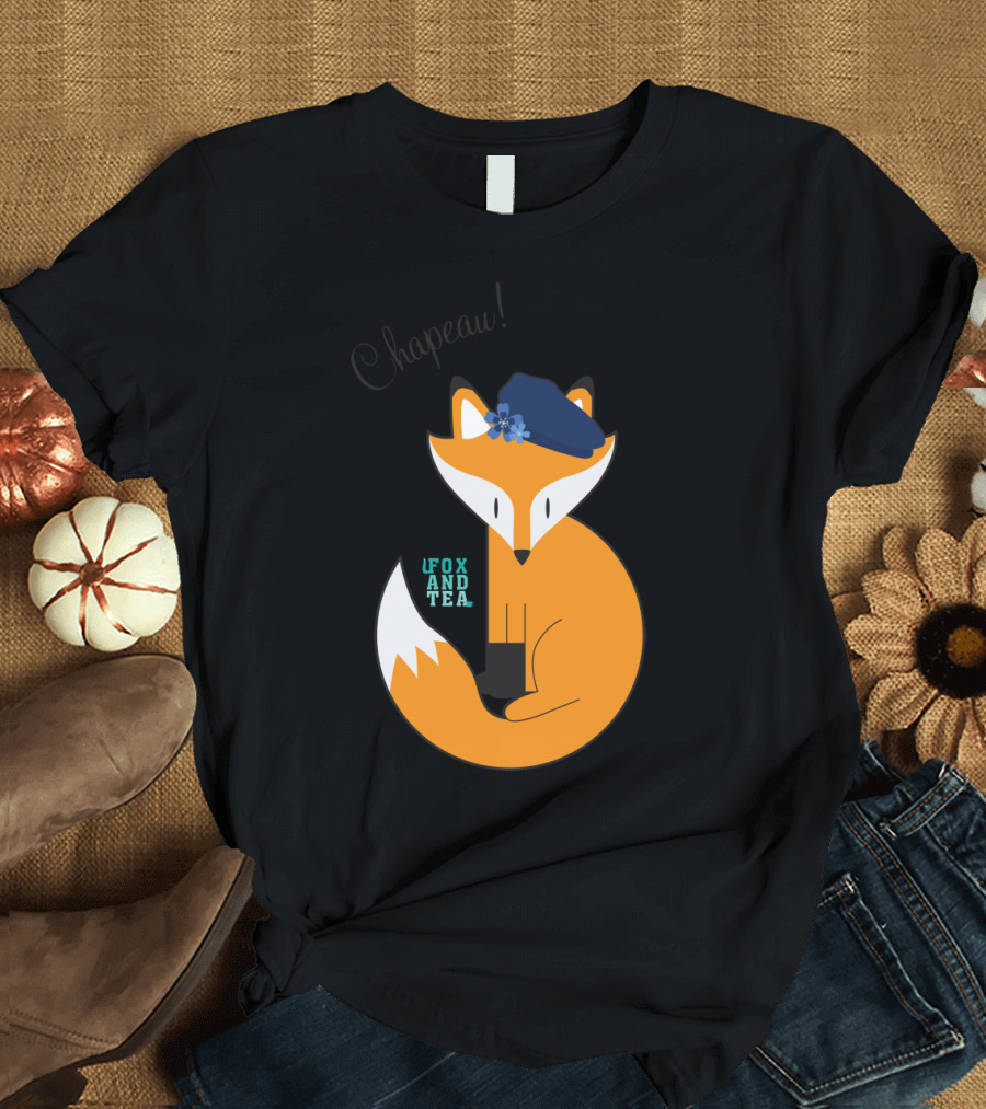 Chapeau Fox And Tea Blue Beret Flower Adorned T-Shirt