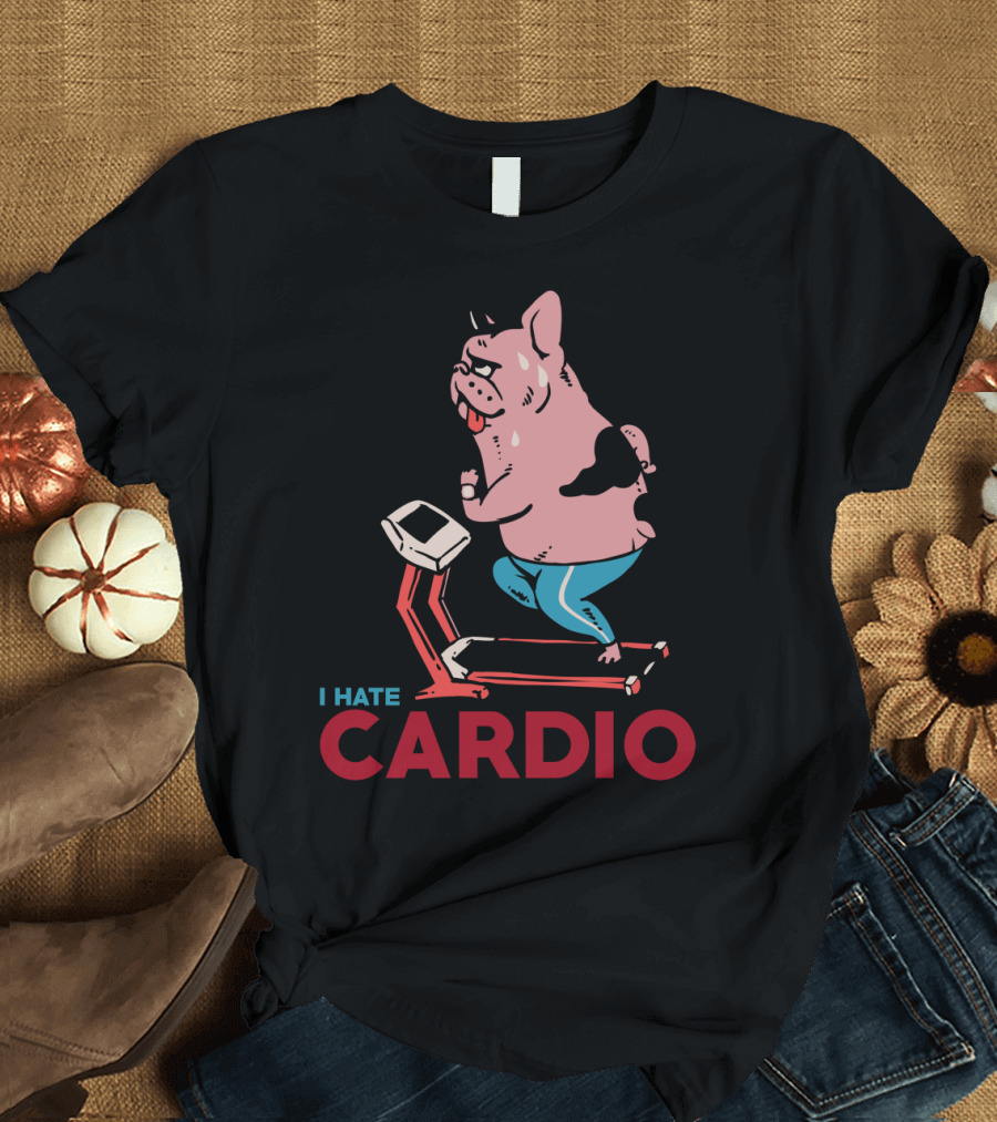 I Hate Cardio French Bulldog Cartoon Running on Treadmill T-Shirt