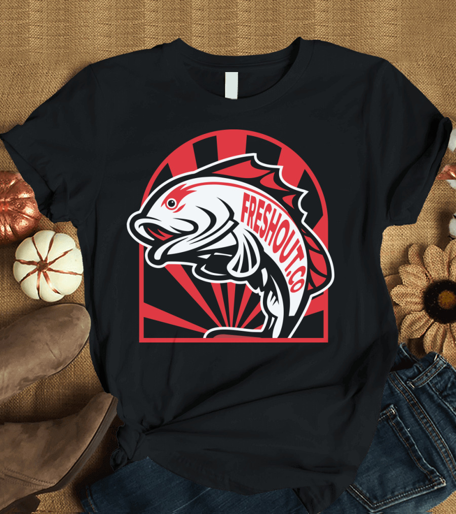 Freshout.co Bold Red Fish Graphic with Radiating Sunburst T-Shirt