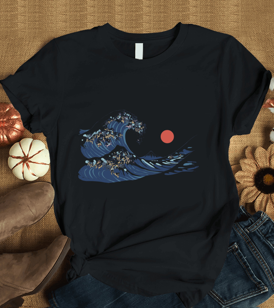 Great Wave of French Bulldogs Under Red Sun T-Shirt