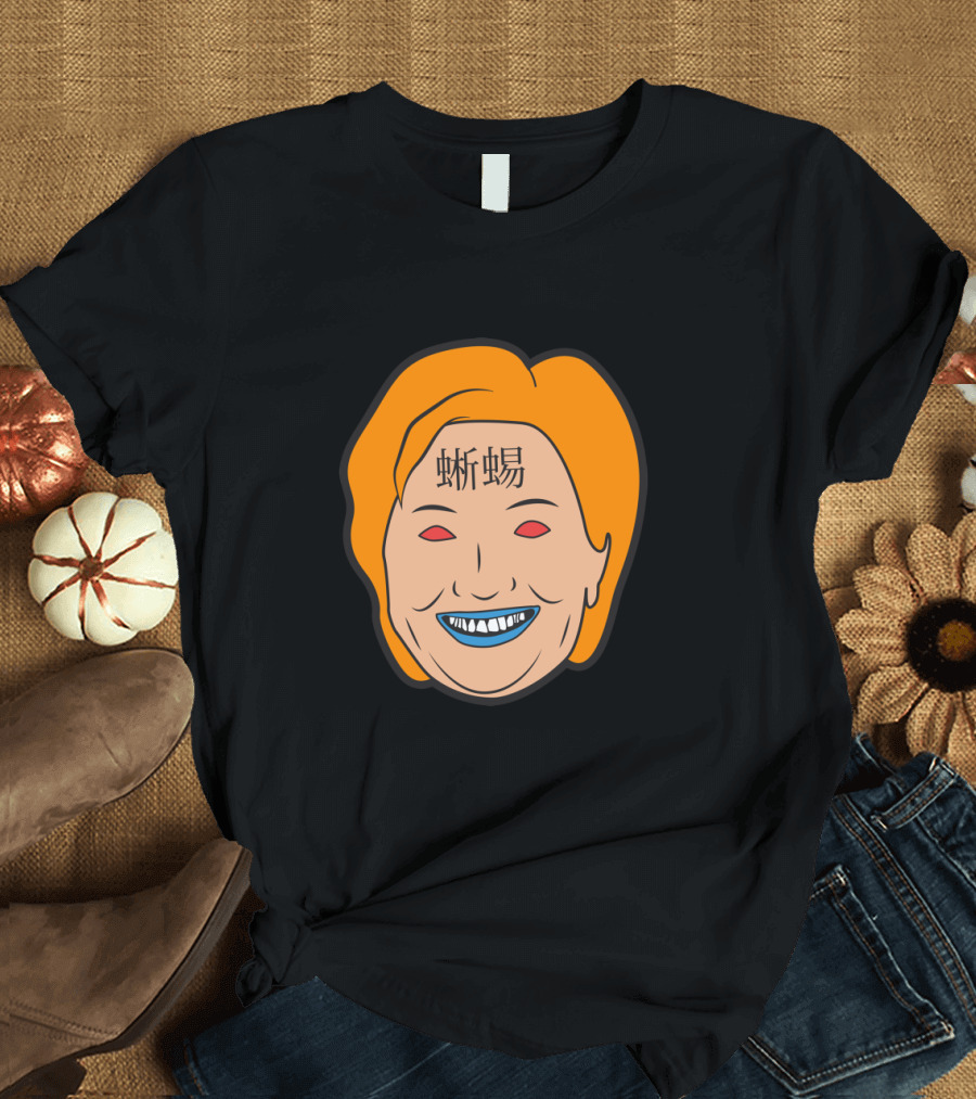 Hillary Clinton Parody Design with Kanji Text on Forehead and Orange Hair T-Shirt