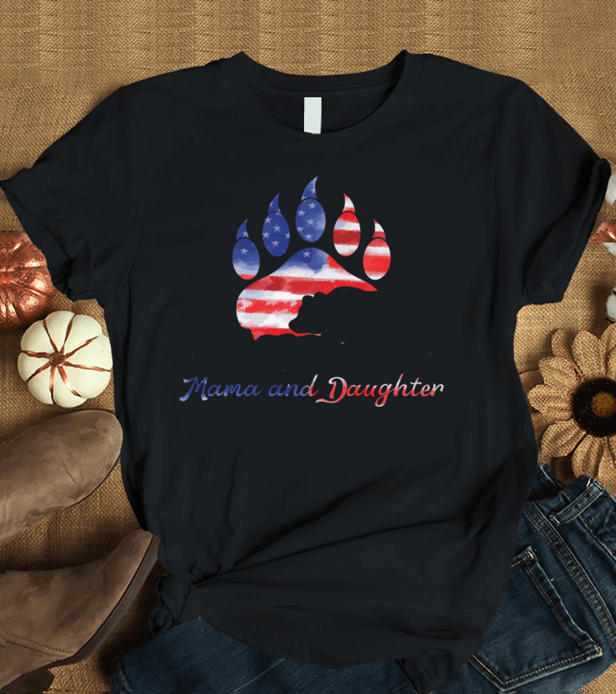 Mama and Daughter American Flag Bear Paw Family T-Shirt