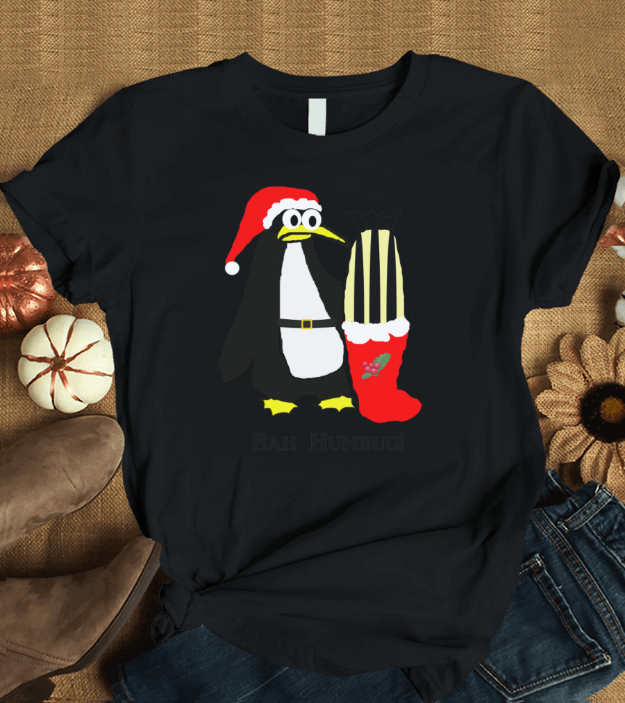 Santa Hat Penguin Grinch with Christmas Stocking Bah Humbug Mood T-Shirt