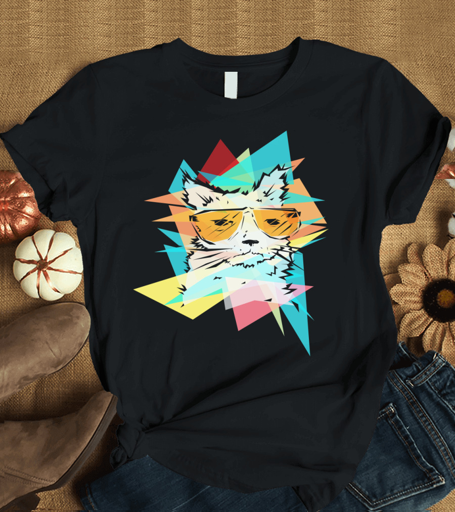 Retro Funky Cat Colorful Geometric Sunglasses T-Shirt