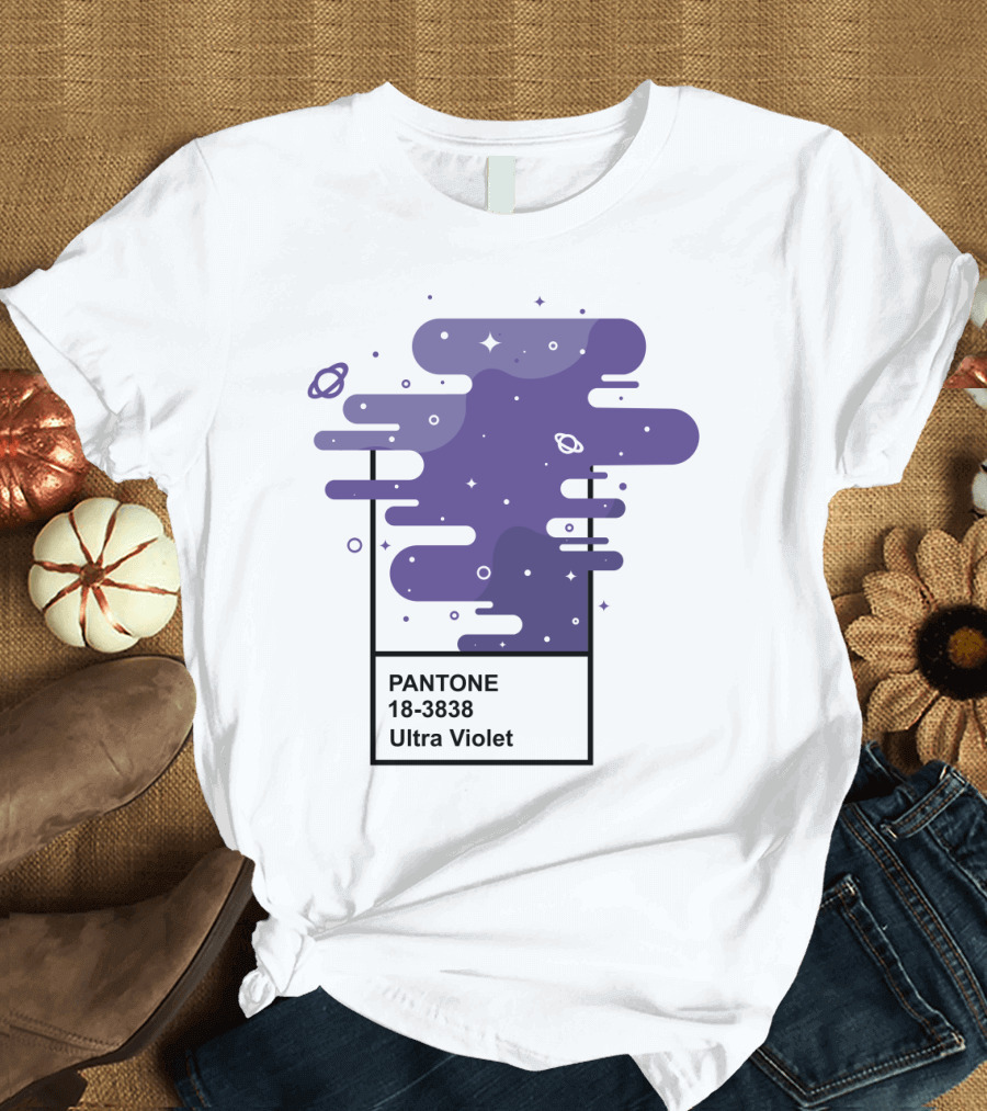 Pantone 18-3838 Ultra Violet Cosmic Space Swirls with Planets and Stars T-Shirt