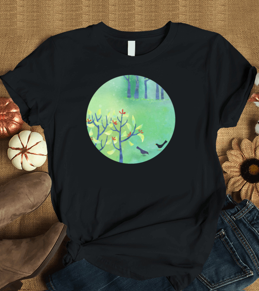 April Trees and Birds in Green Landscape Scene T-Shirt