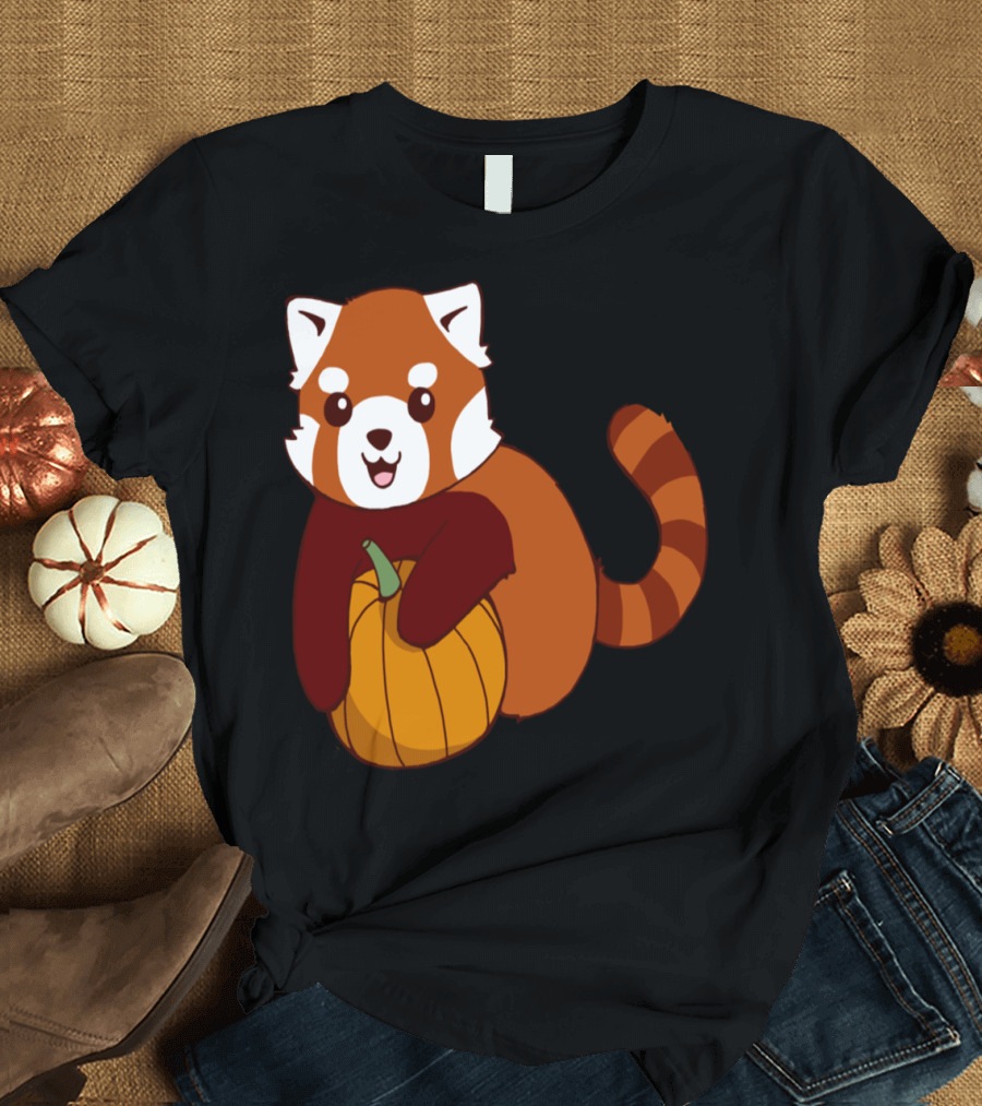 Pumpkin Hugging Red Panda Cute Cartoon Character T-Shirt