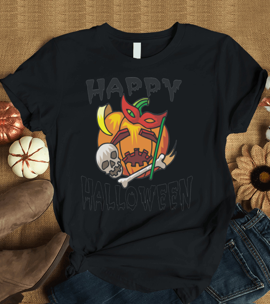 Happy Halloween Pumpkin with Skull Mask Bone and Broomstick T-Shirt