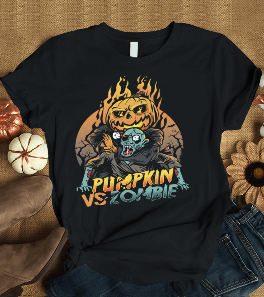 Pumpkin vs Zombie Halloween Battle with Fiery Jack-O'-Lantern and Spooky Graveyard Background T-Shirt