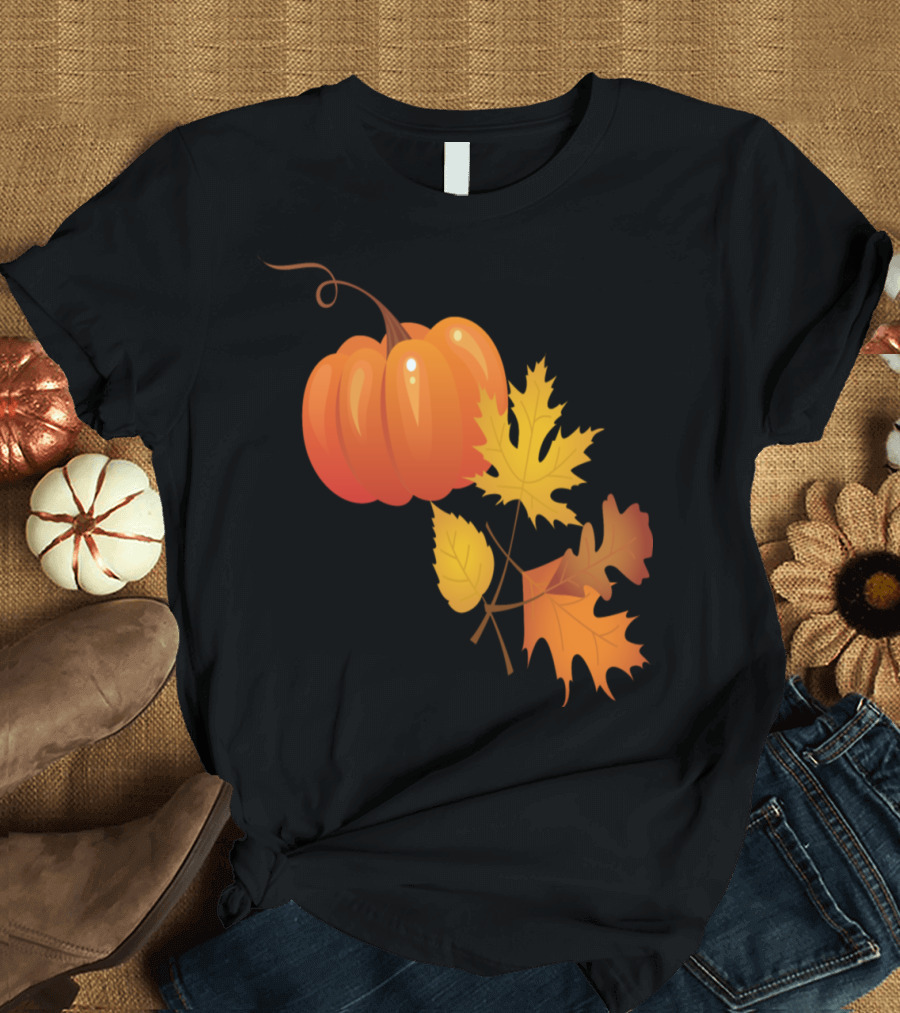 Pumpkin and Autumn Leaves with Vibrant Seasonal Foliage T-Shirt