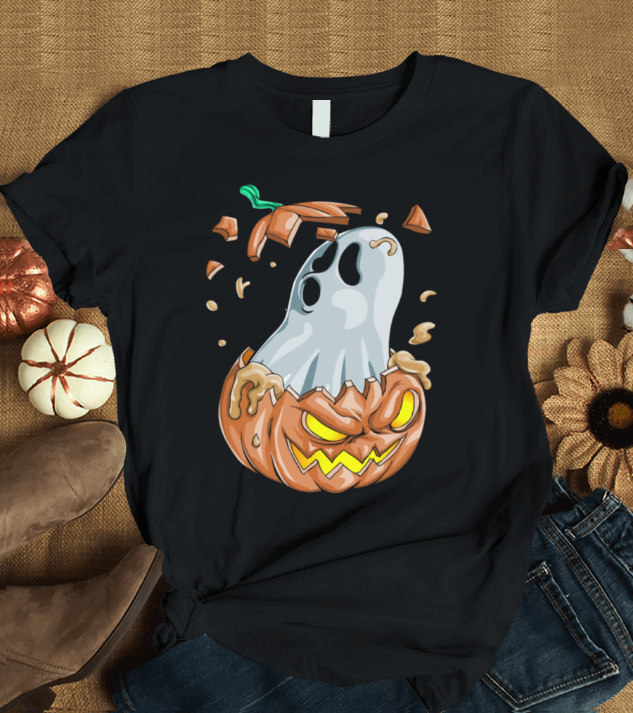 Halloween Ghost Emerging From Broken Pumpkin T-Shirt