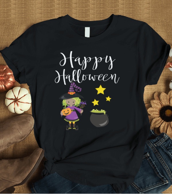 T-Shirt: Happy Halloween Cute Witch with Pumpkin and Magic Potion Cauldron T-Shirt Happy Halloween Cute Witch with Pumpkin and Magic Potion Cauldron T-Shirt