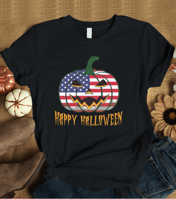 T-Shirt: Happy Halloween American Flag Pumpkin Jack o Lantern T-Shirt Happy Halloween American Flag Pumpkin Jack o Lantern T-Shirt