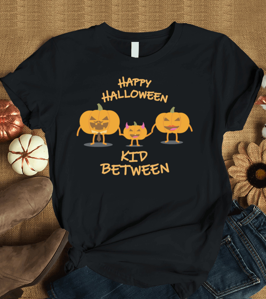 Happy Halloween Kid Between Pumpkin Family Group T-Shirt