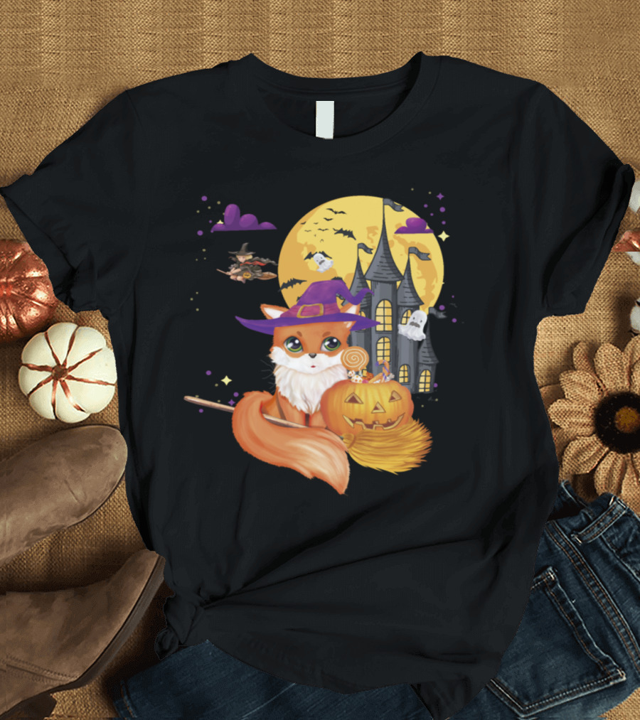 Whimsical Fox Witch Mama Mom Broom Pumpkin with Haunted Castle and Candy T-Shirt