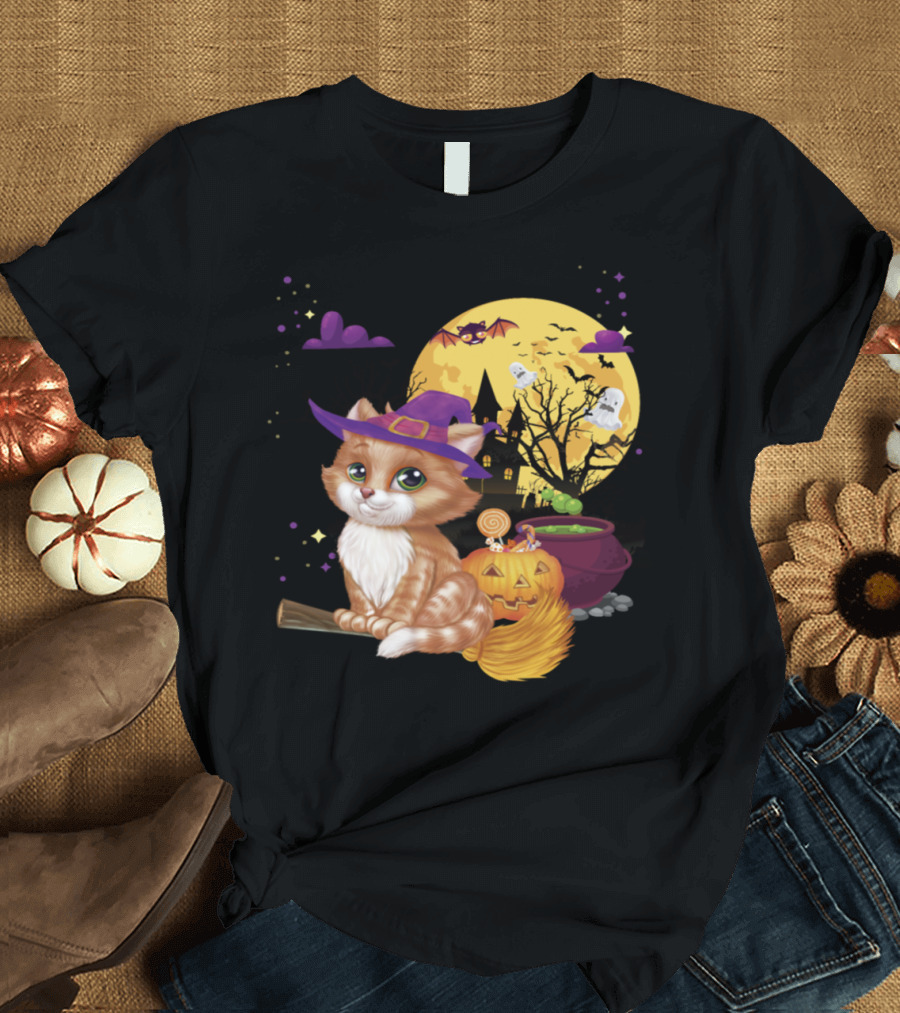 Halloween Meow Cat Witch Broom Pumpkin Bat Ghost Cauldron T-Shirt