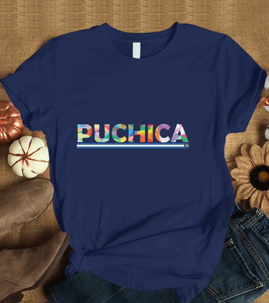 PUCHICA Multicolor Text with Blue and White Stripe T-Shirt