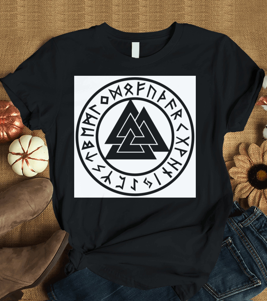 Valknut Rune Symbol in Circle of Nordic Runes T-Shirt