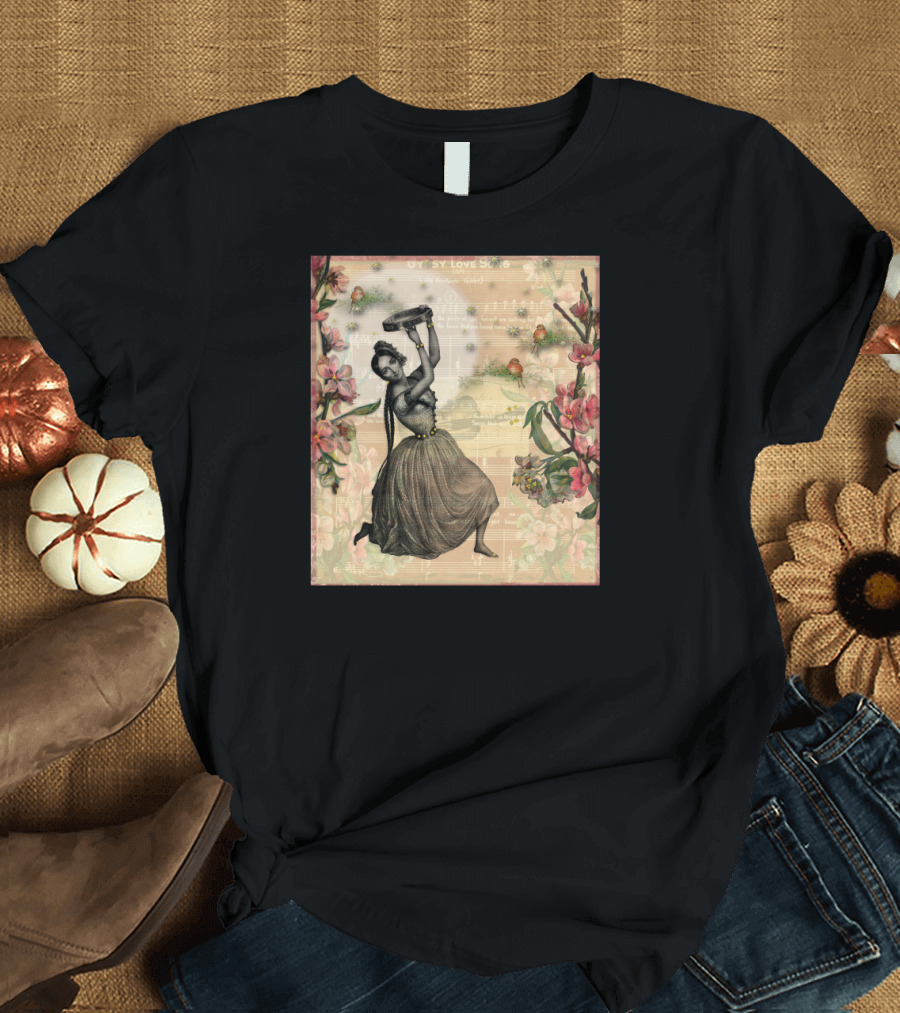 Gypsy Love Song Floral Dancer with Tambourine Vintage Music Background T-Shirt