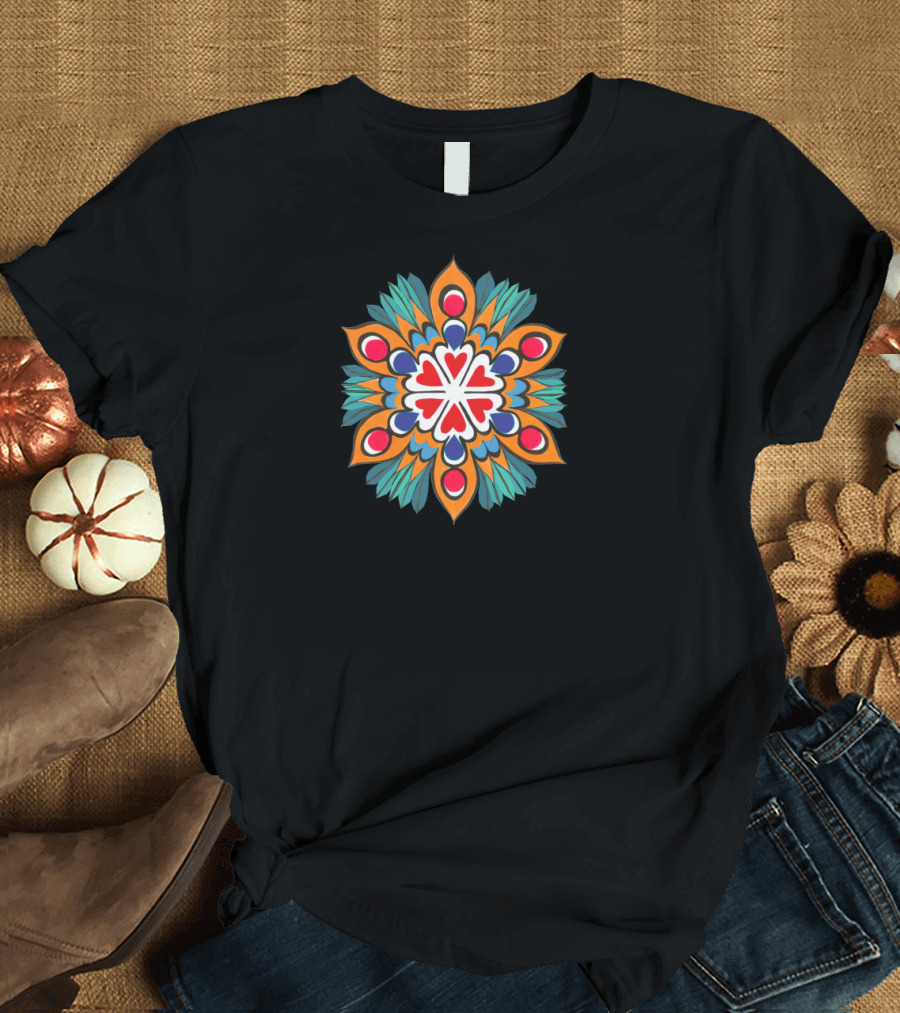 Circle of Hearts Mandala Colorful Geometric Shapes T-Shirt