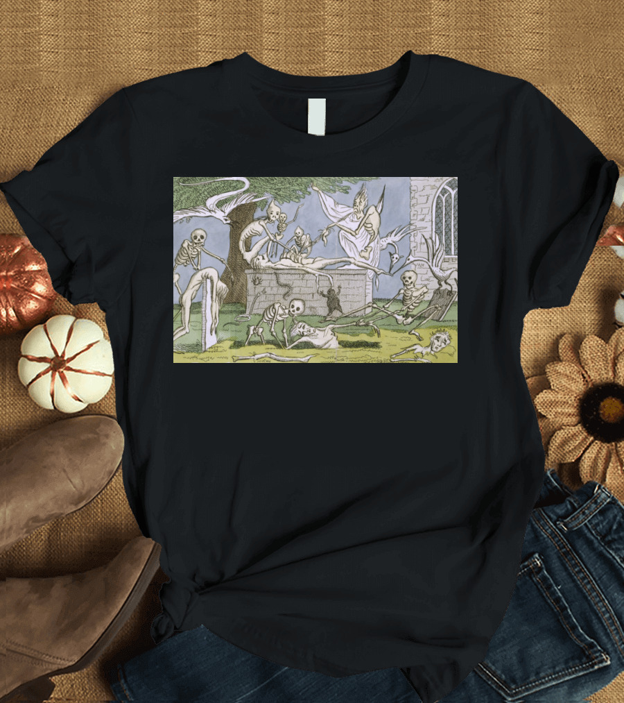 Dance of Skeletons in Graveyard Setting with Angels and Gothic Architecture T-Shirt
