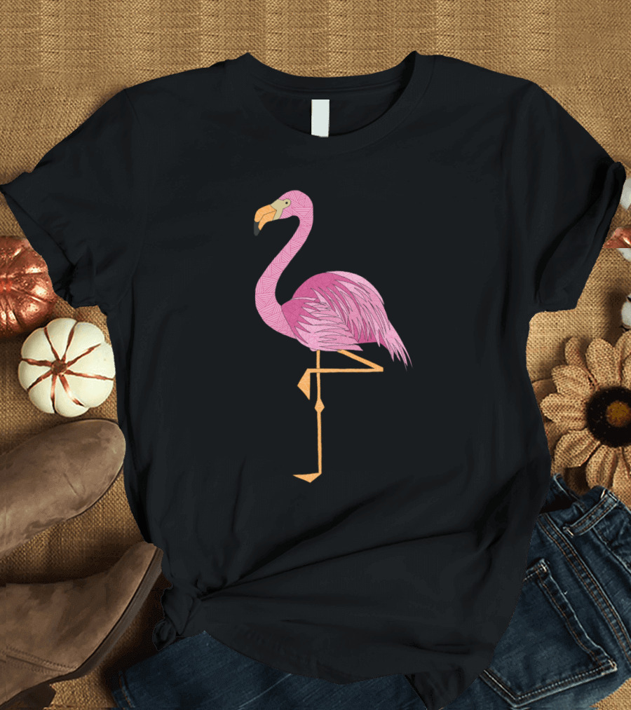 Floral Flamingo Intricate Pink Bird with Black Flower T-Shirt