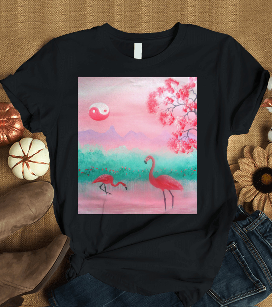 Yin and Yang Flamingo Serenity in Pink Landscape with Cherry Blossom and Mountains T-Shirt