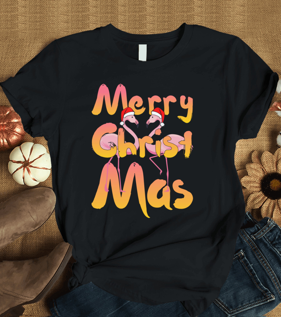 Merry Christmas Flamingo Santa Hats Holiday Fun T-Shirt