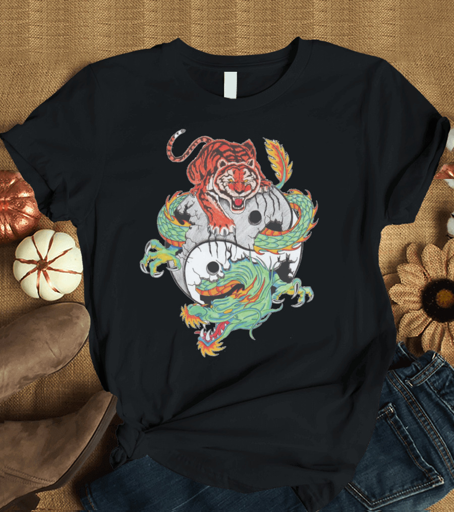 Yin Yang Tiger Dragon Symbol with Colorful Eastern T-Shirt