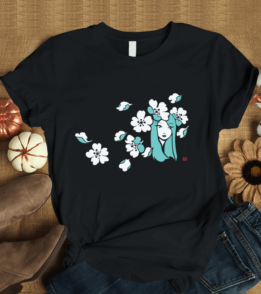 Sakura Girl Blossoms and Turquoise Hair T-Shirt
