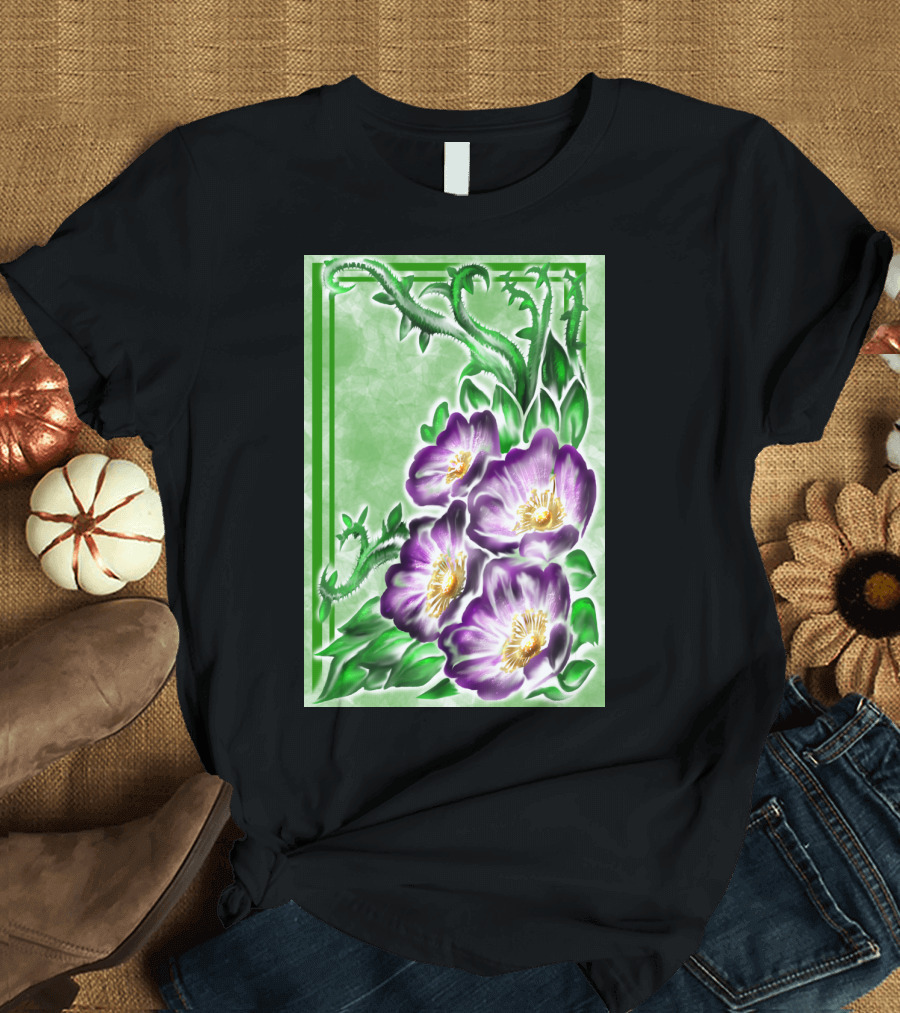 Lush Alberta Rose Purple Blossoms with Verdant Green Leaves and Thorns T-Shirt