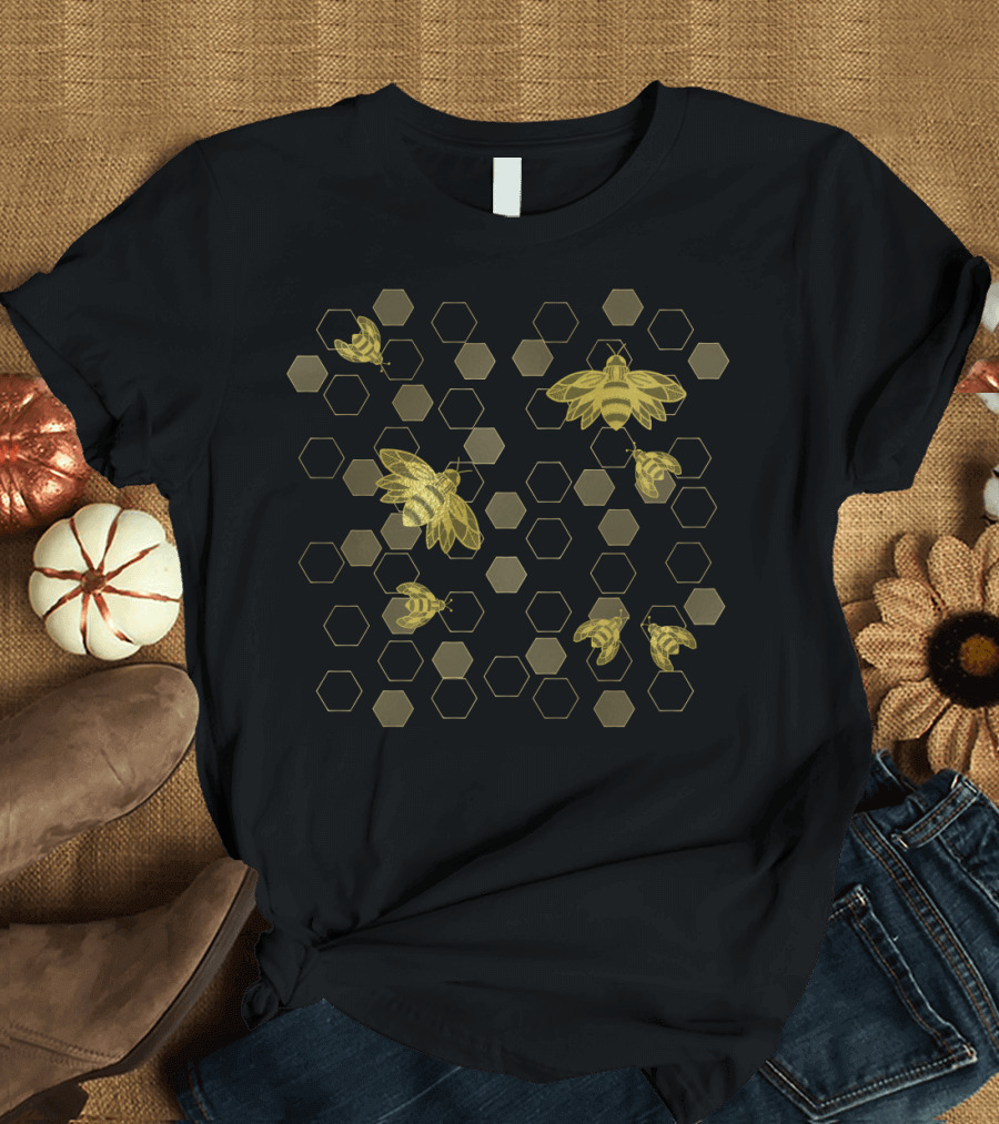 Honeycomb Pattern with Bees in Hexagonal Grid T-Shirt