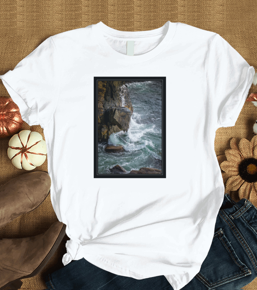 Dynamic Ocean Waves and Rugged Rocks in Motion T-Shirt