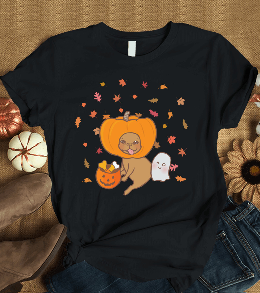 Frenchie Halloween Party with Pumpkin Costume and Ghost Surrounded by Autumn Leaves T-Shirt