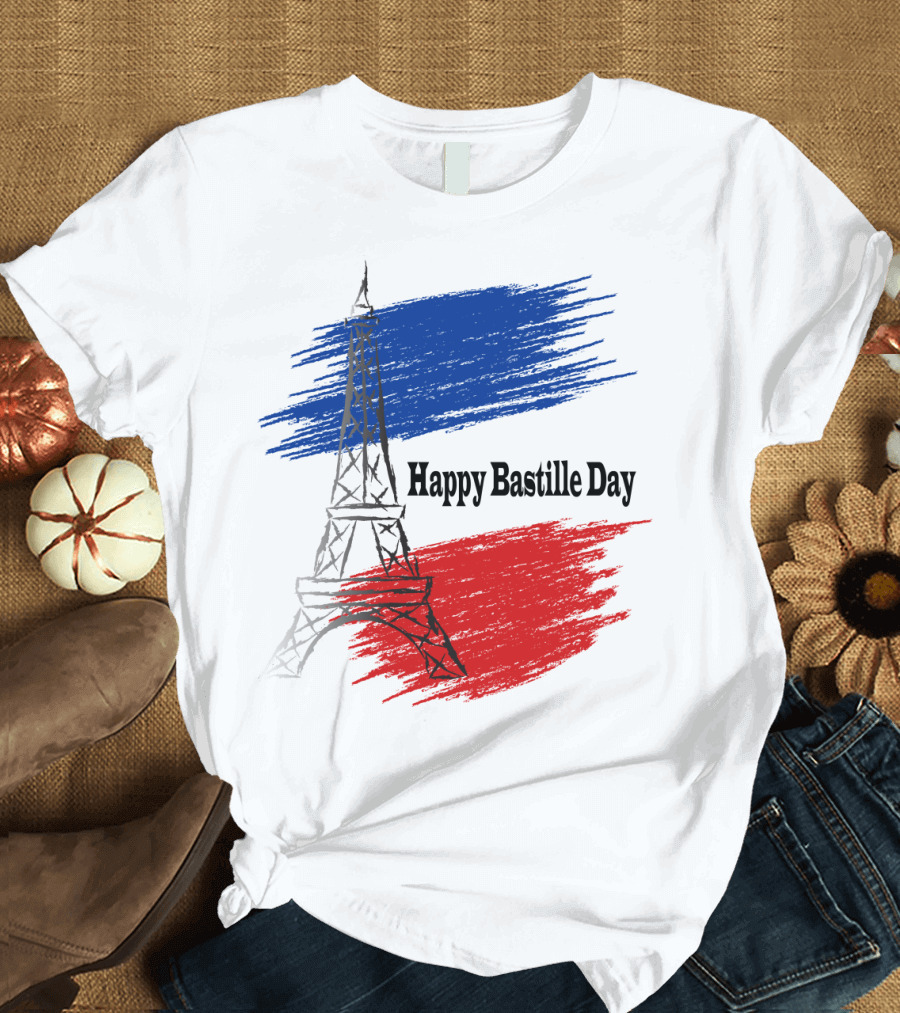 Eiffel Tower with French Flag Colors Textured Design for Happy Bastille Day T-Shirt
