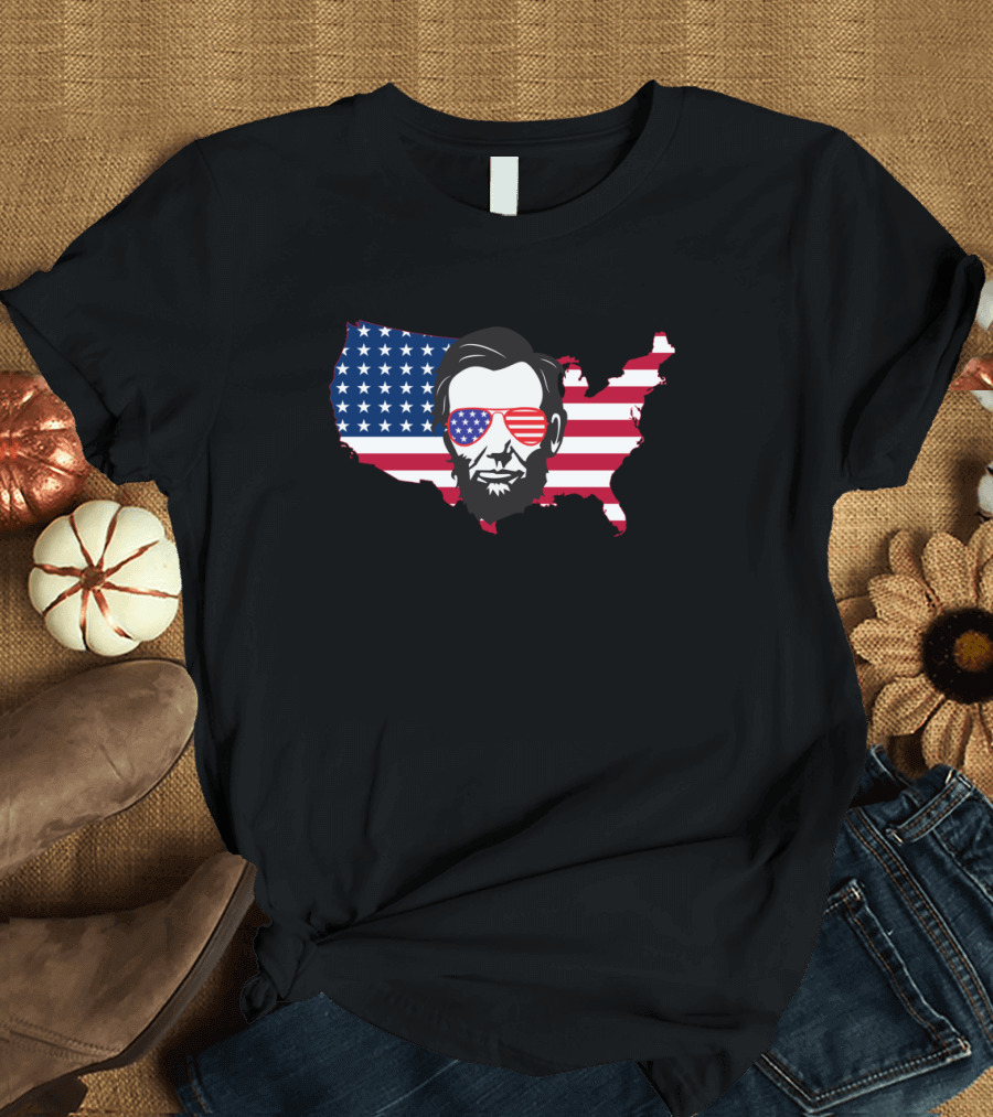 Abraham Lincoln Patriotic American Flag USA Map Sunglasses T-Shirt